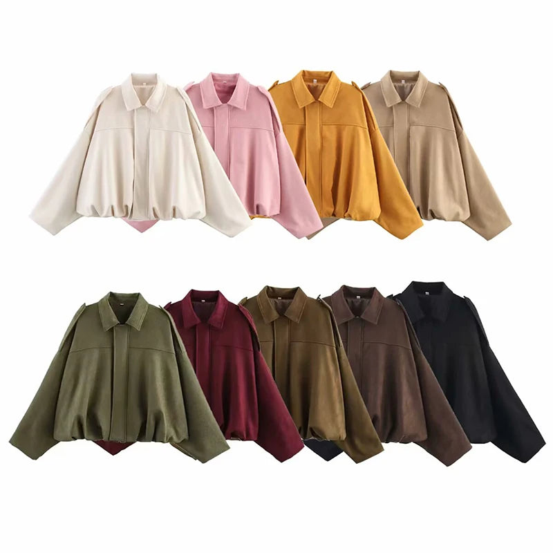 Women's Suede Textured Bomber Jacket - Long Sleeve Casual Outerwear