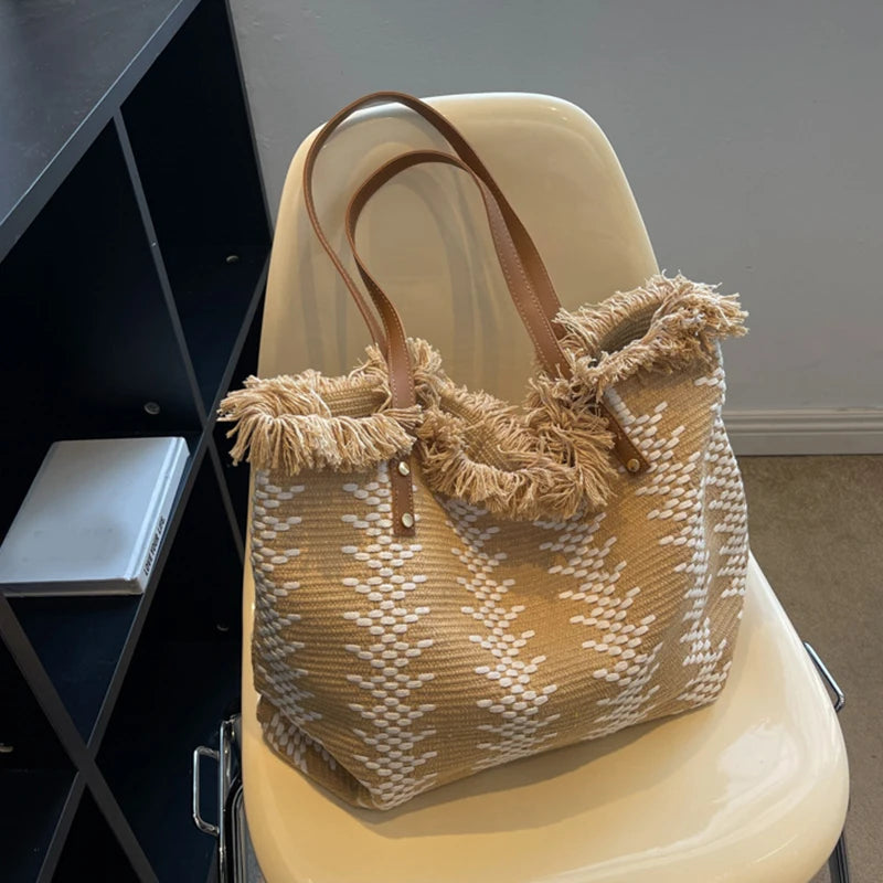 Women's Large Striped Tote Beach Bag with Top Handles