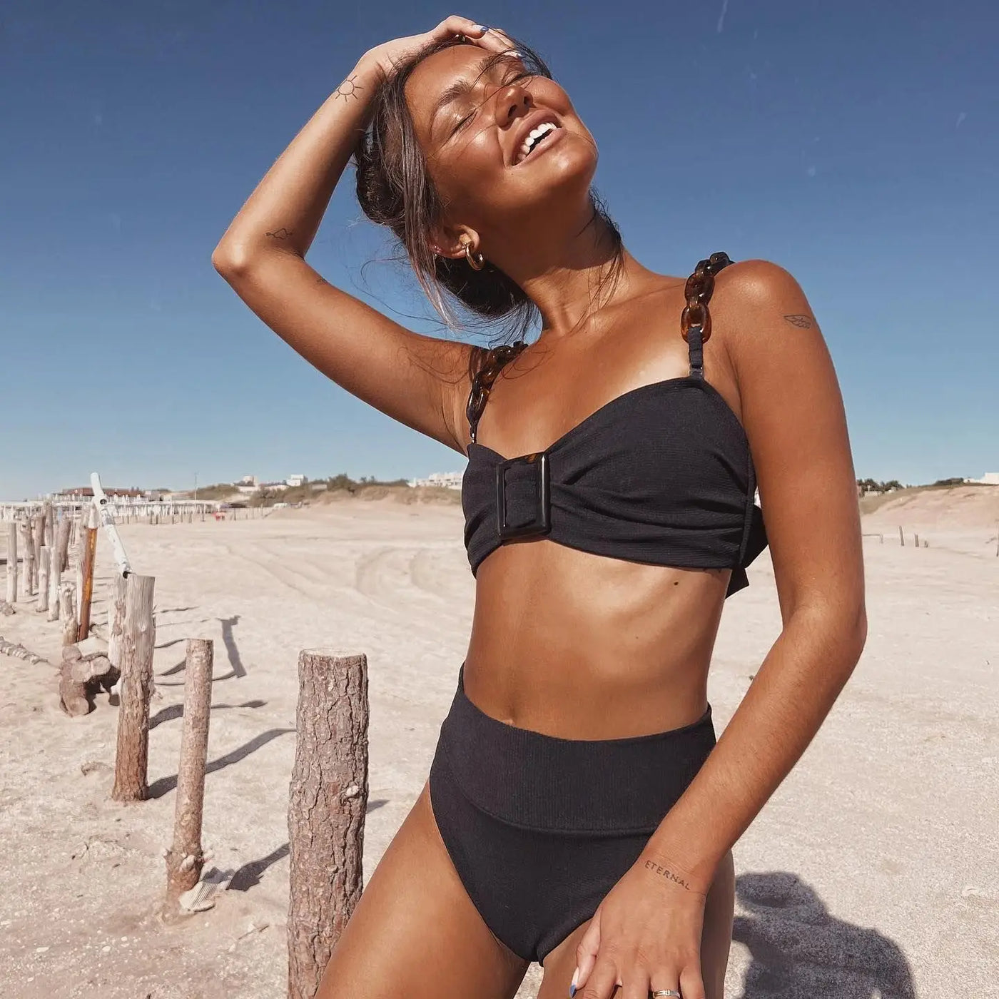 High Waist Ruffle Bikini Set - Women's Ribbed Swimsuit