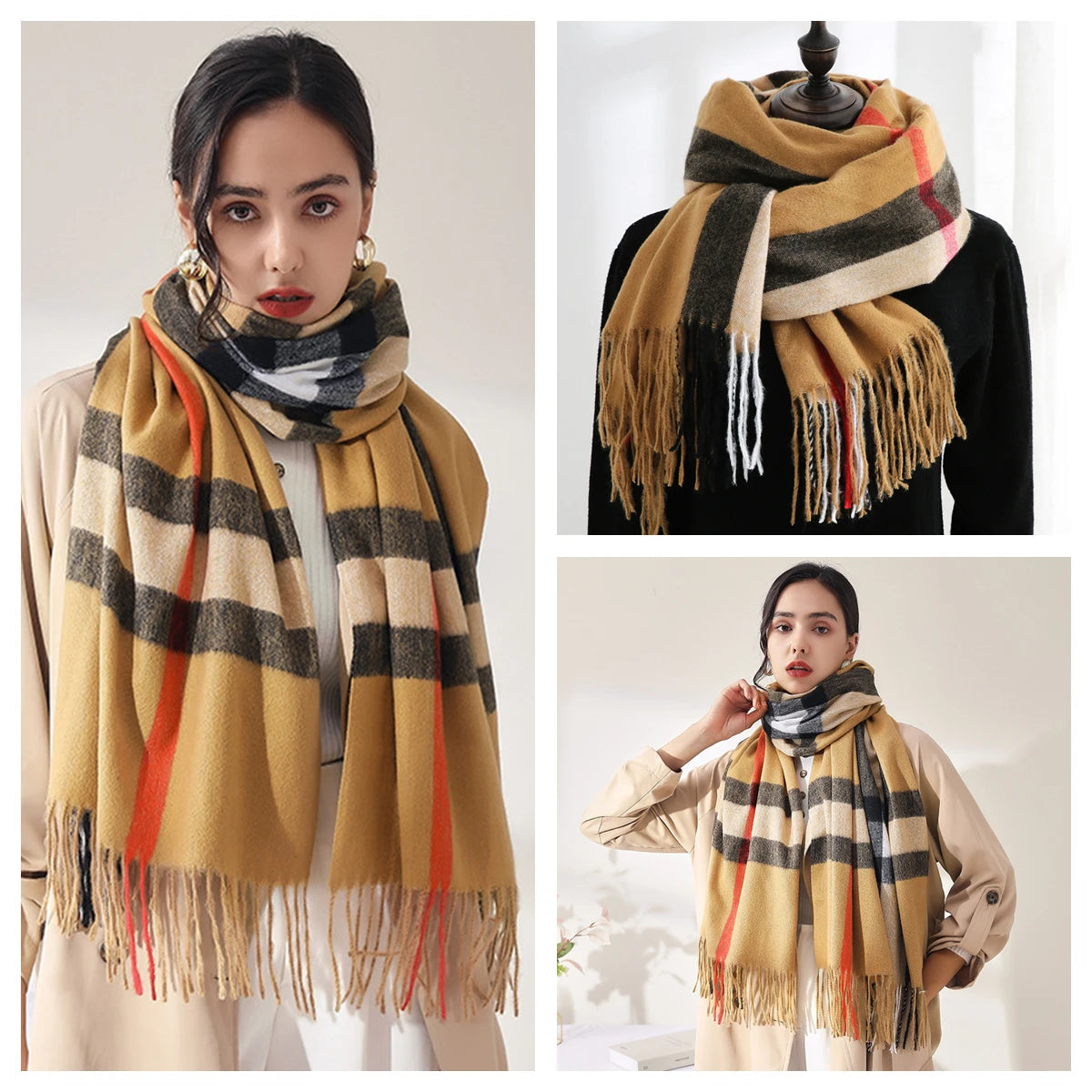 Women's Classic Plaid Cashmere-Feel Winter Scarf & Shawl