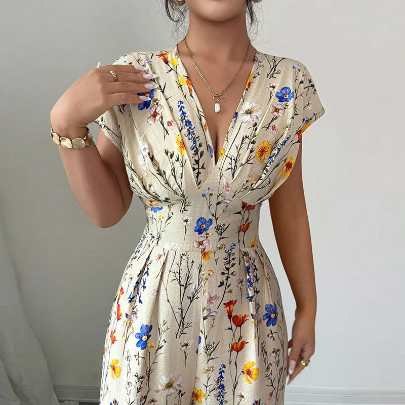 Women's Floral Print High Waist Jumpsuit - Short Sleeve Straight Leg