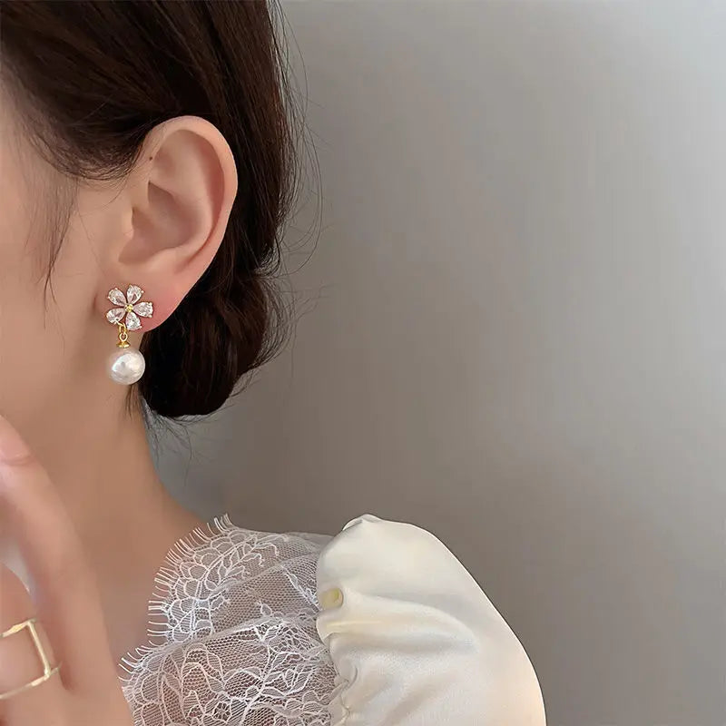 Rhinestone Flower Stud Earrings with Pearl & Crystal Accents