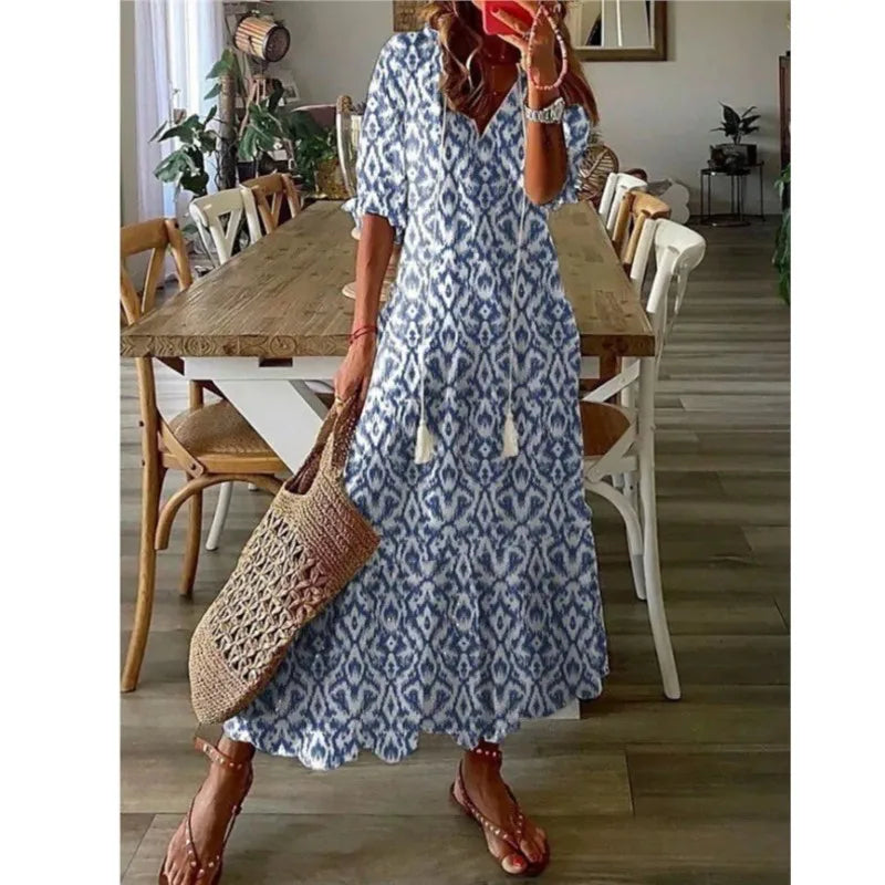 Women's Bohemian Floral Maxi Dress - V-Neck Half Sleeve Beach Dress