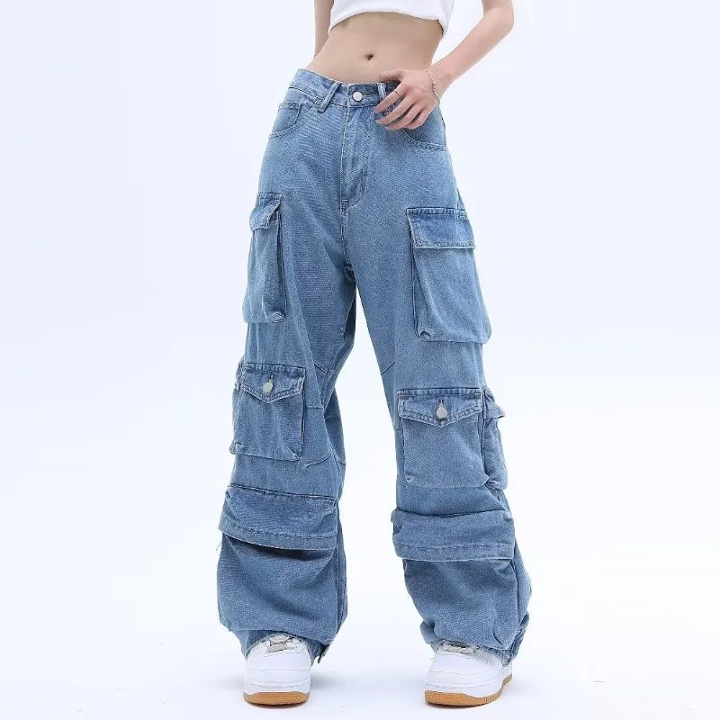 Cargo Jeans - Multi-Pocket Wide Leg Denim Pants