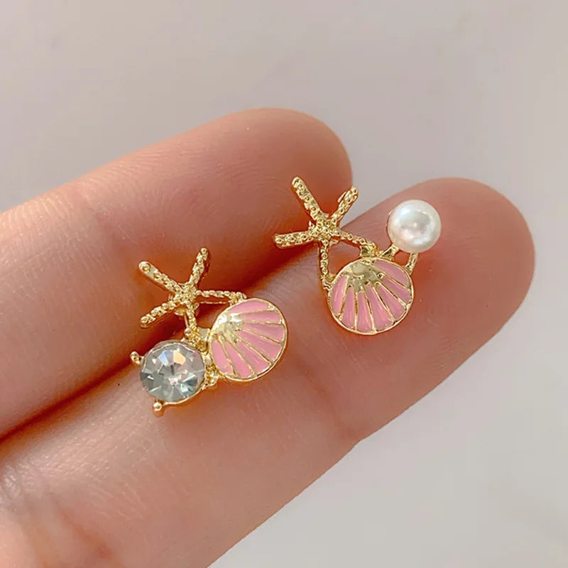 Starfish Pearl Stud Earrings - Asymmetric Shell Design