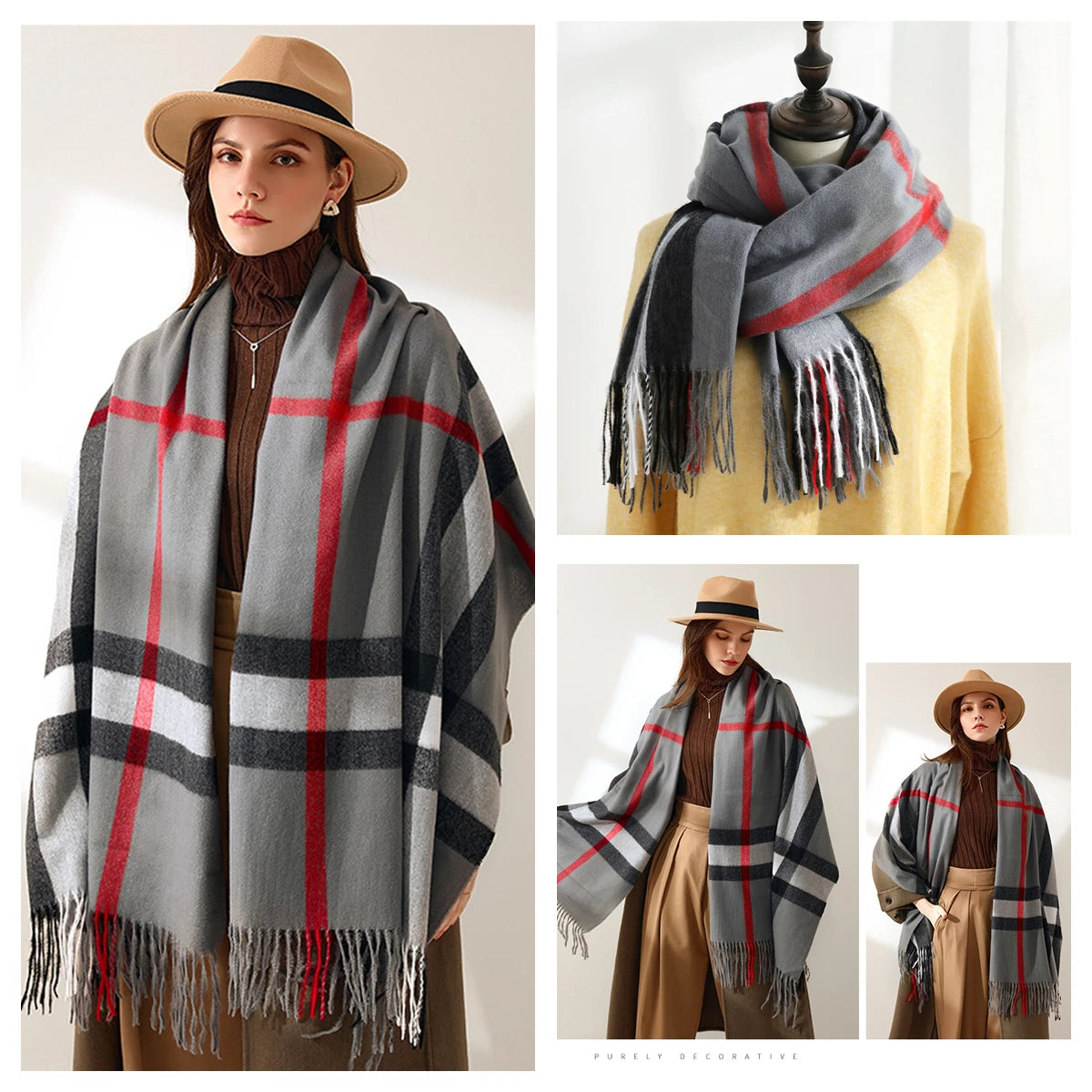 Women's Classic Plaid Cashmere-Feel Winter Scarf & Shawl