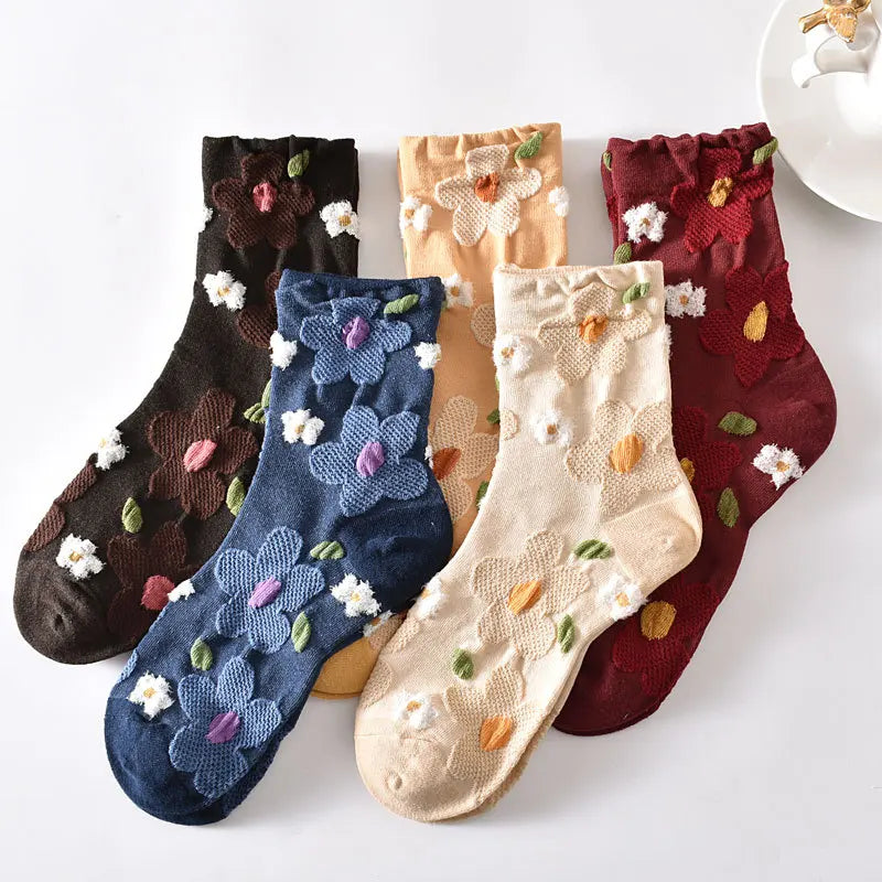 Women's Embroidered Floral Socks - 5 Pairs Set