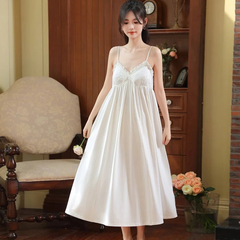 Cotton Lace Nightgown - Elegant Sleeveless Sleep Dress