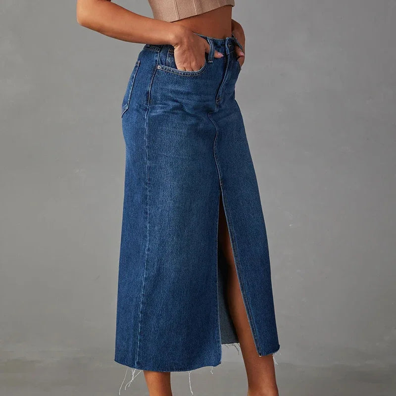 Women's High Waist A-Line Denim Midi Skirt