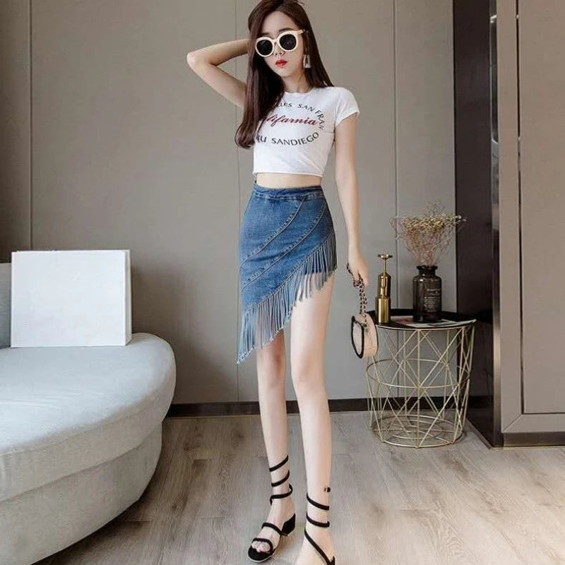 Women's High Waist Denim Skirt with Fringe Detail