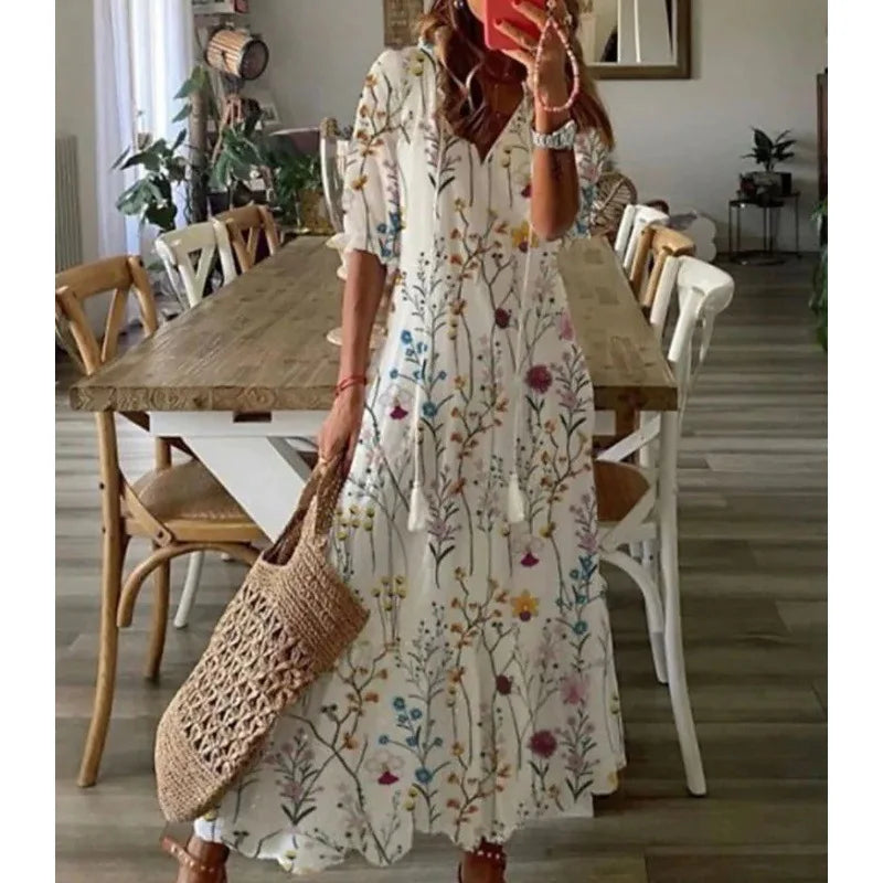 Women's Bohemian Floral Maxi Dress - V-Neck Half Sleeve Beach Dress