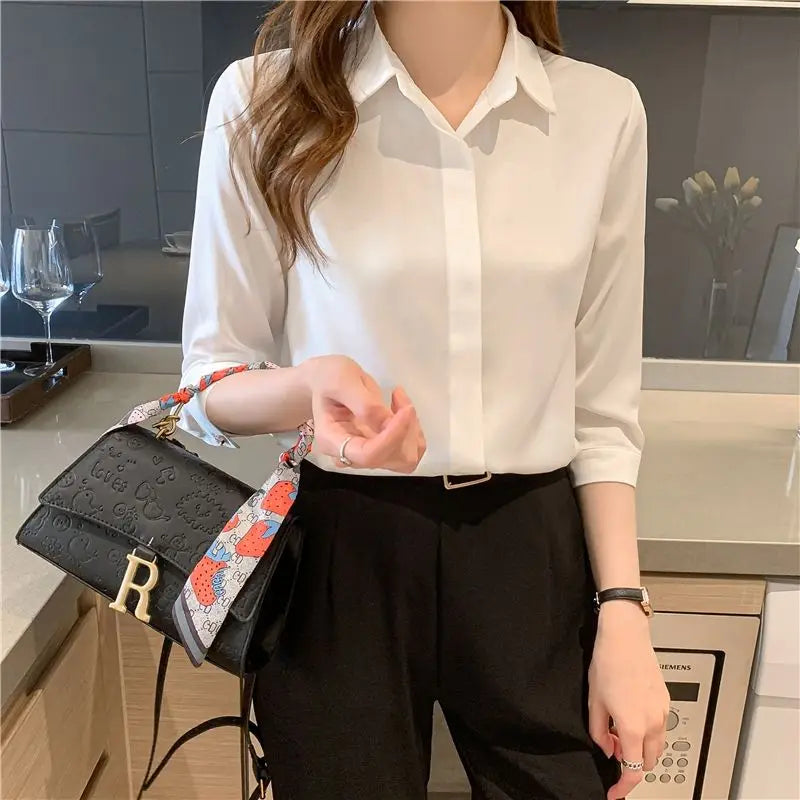 Office Lady Button Blouse - Turn-Down Collar Shirt