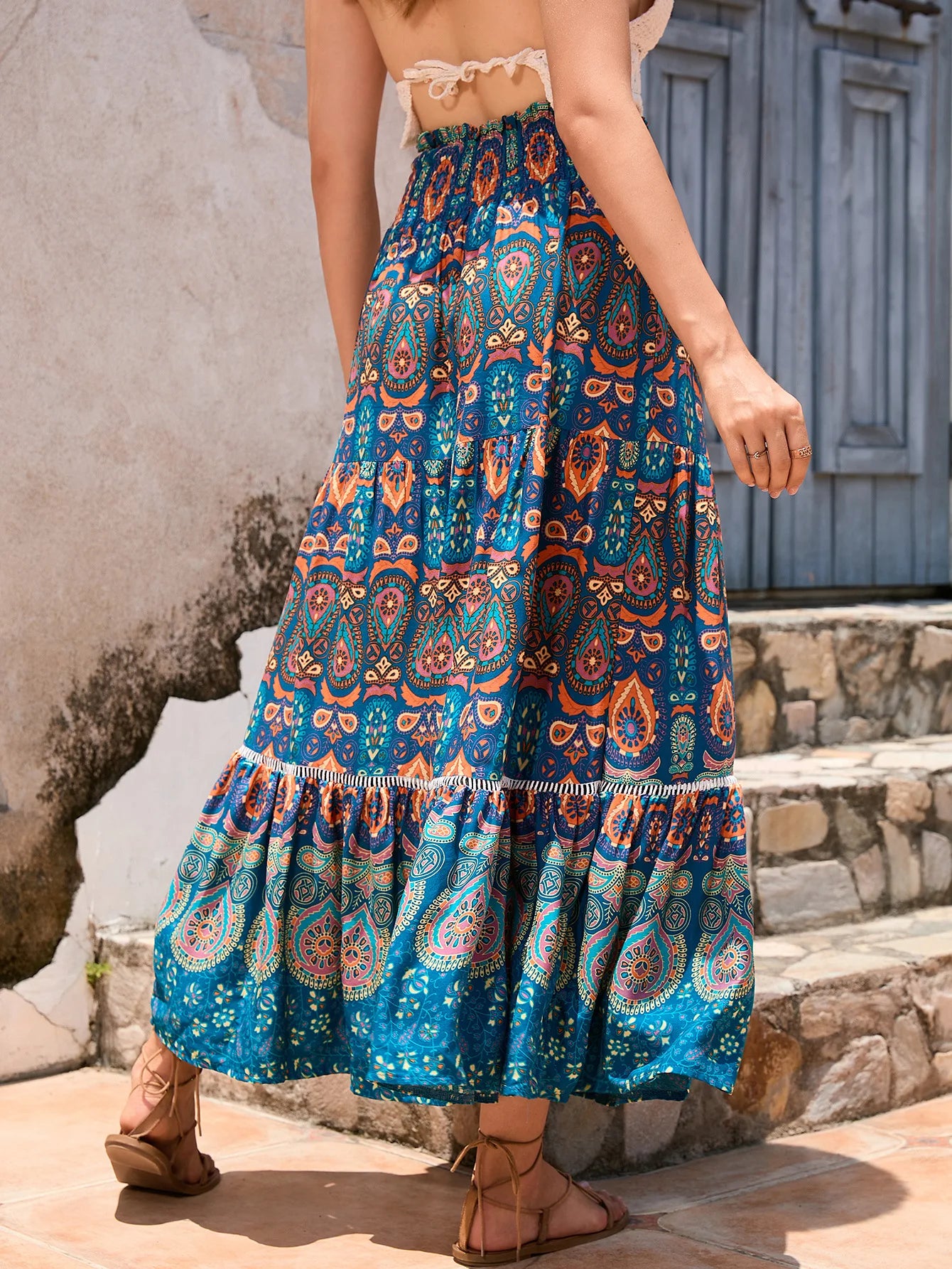 Women's Bohemian Floral Print A-Line Maxi Skirt