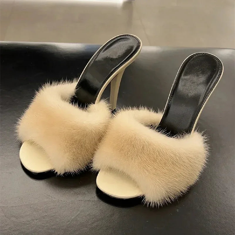Women's Mink Fur High Heel Sandals - Slim Heel Party Shoes
