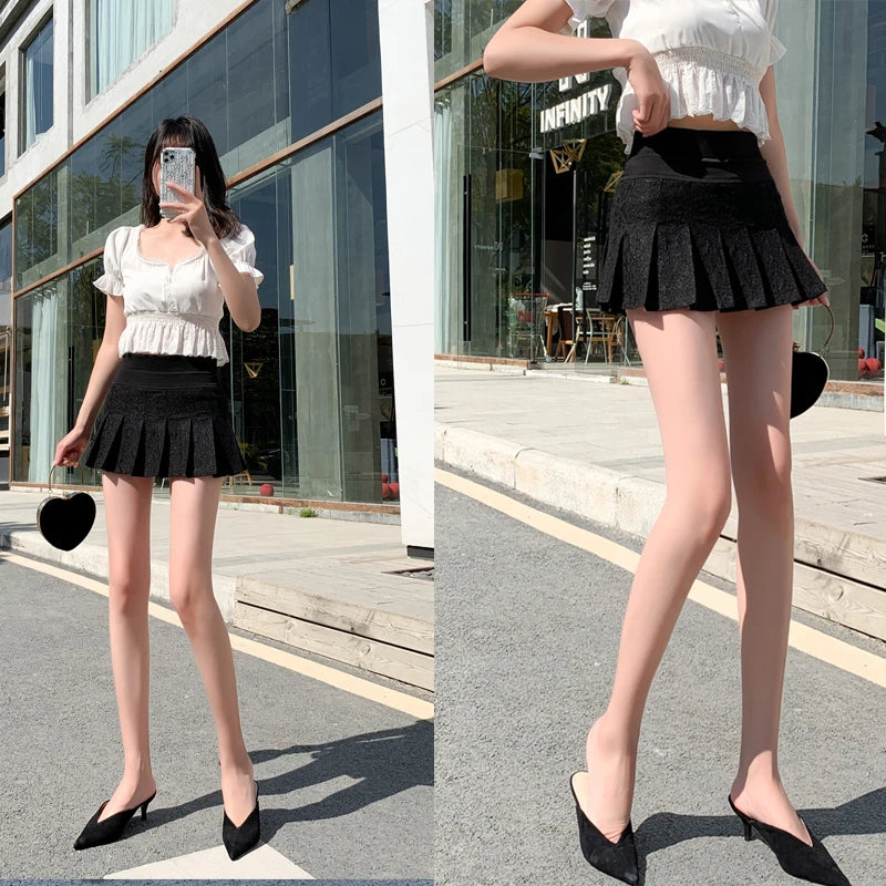 Women's High Waist Lace Pleated Mini Skirt