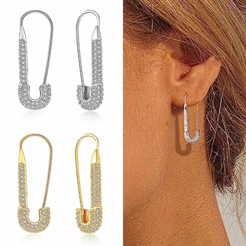Geometric Paper Clip Hoop Earrings - Cubic Zirconia Fashion Jewelry