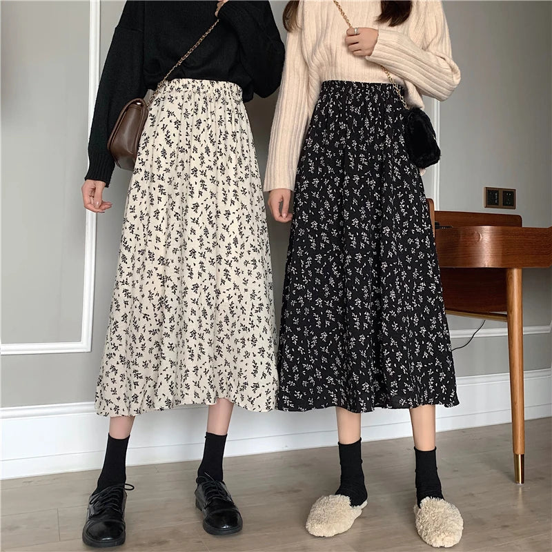 Women's Floral A-Line Midi Skirt with Elastic Waist