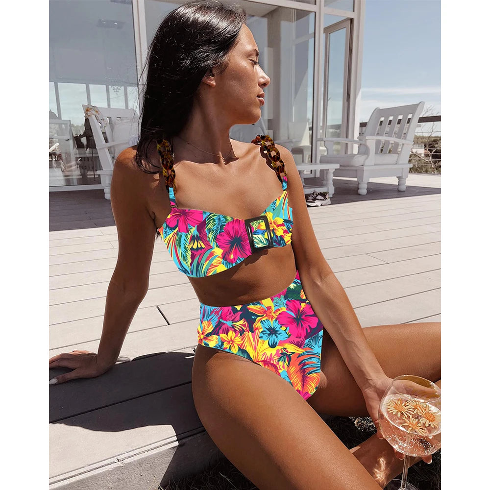 High Waist Ruffle Bikini Set - Women's Ribbed Swimsuit