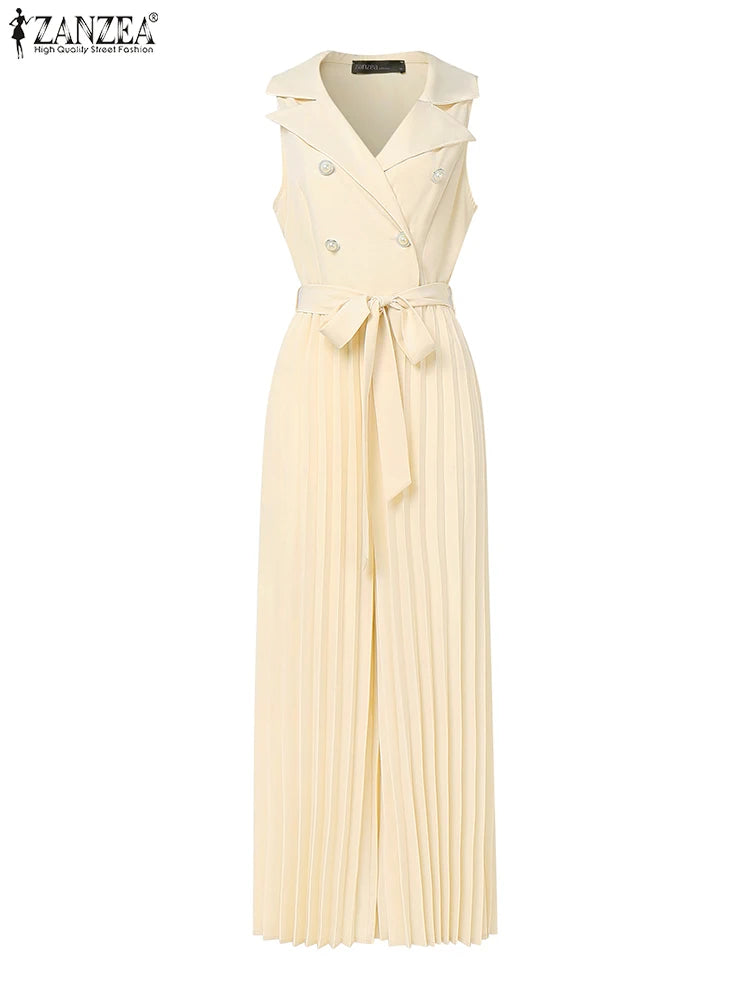 ZANZEA Women's Wide Leg Jumpsuit - Sleeveless V-Neck Office Romper