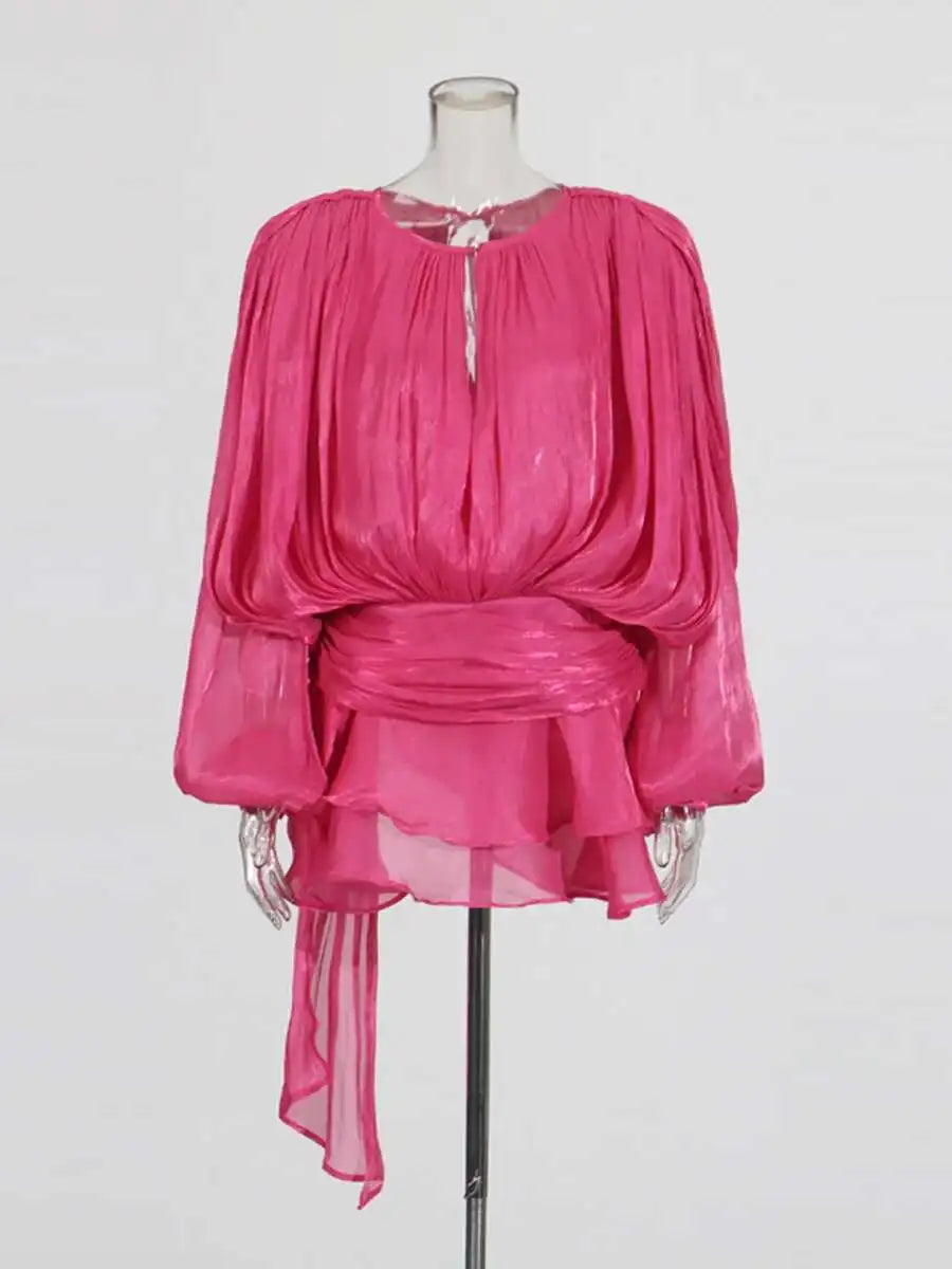 Women's V-Neck Mini Dress with Long Sleeves - A-Line Blouse Dress