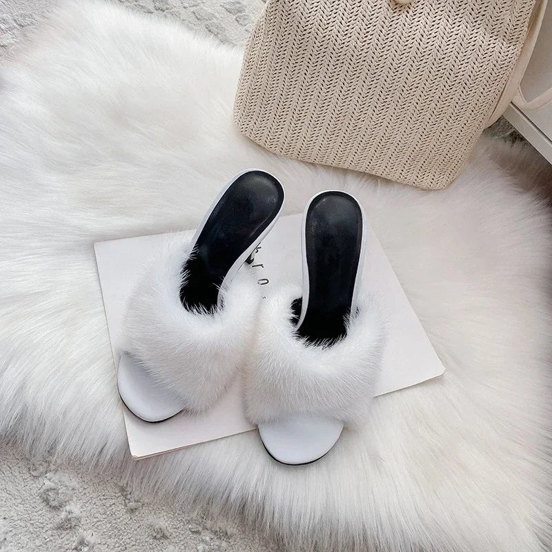 Women's Mink Fur High Heel Sandals - Slim Heel Party Shoes