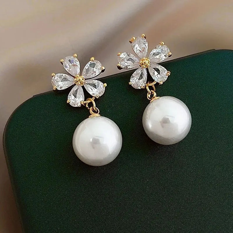 Rhinestone Flower Stud Earrings with Pearl & Crystal Accents