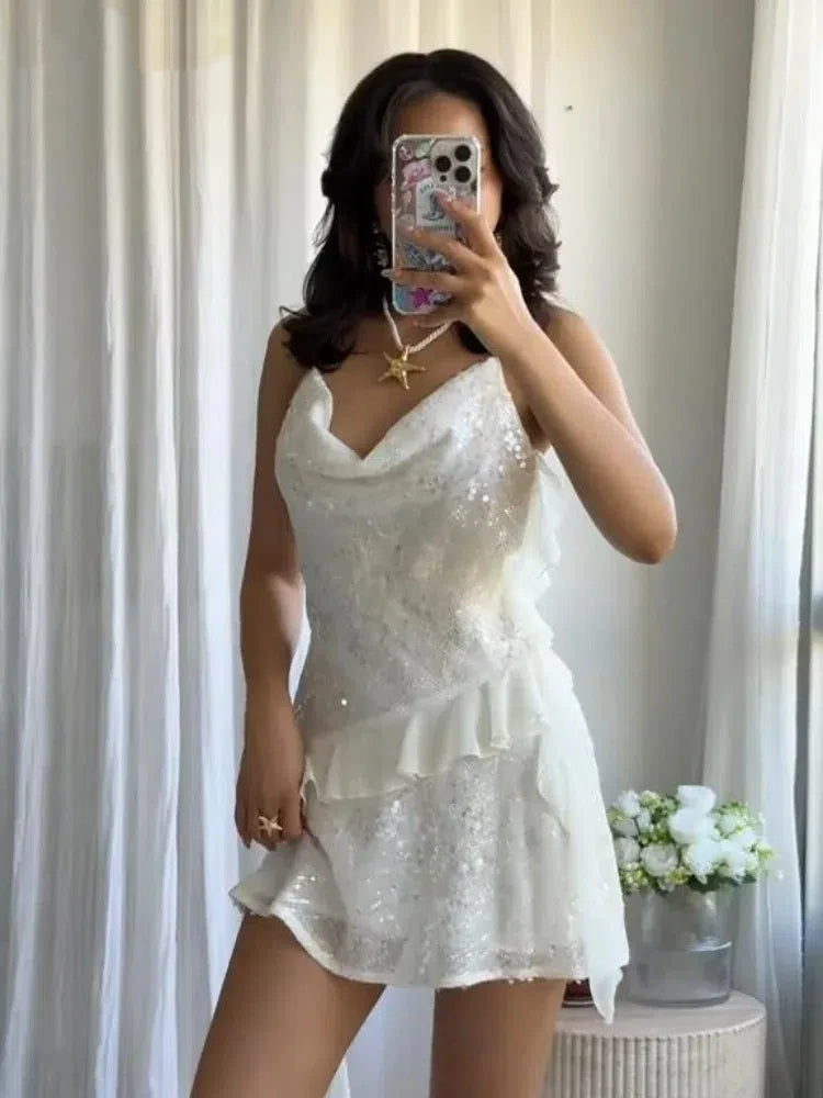 Women's Elegant White Sequin Halter Dress
