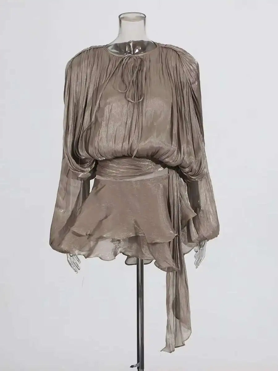 Women's V-Neck Mini Dress with Long Sleeves - A-Line Blouse Dress