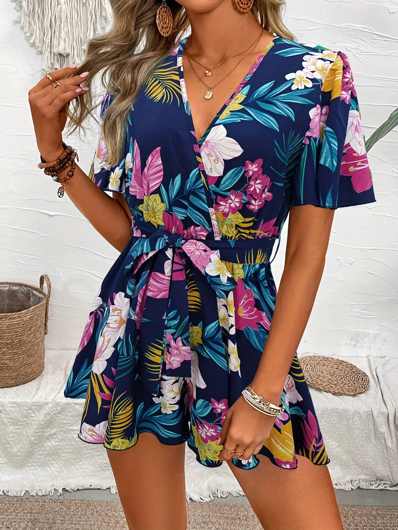 Bohemian Floral Romper - Short Sleeve Wide Leg Jumpsuit
