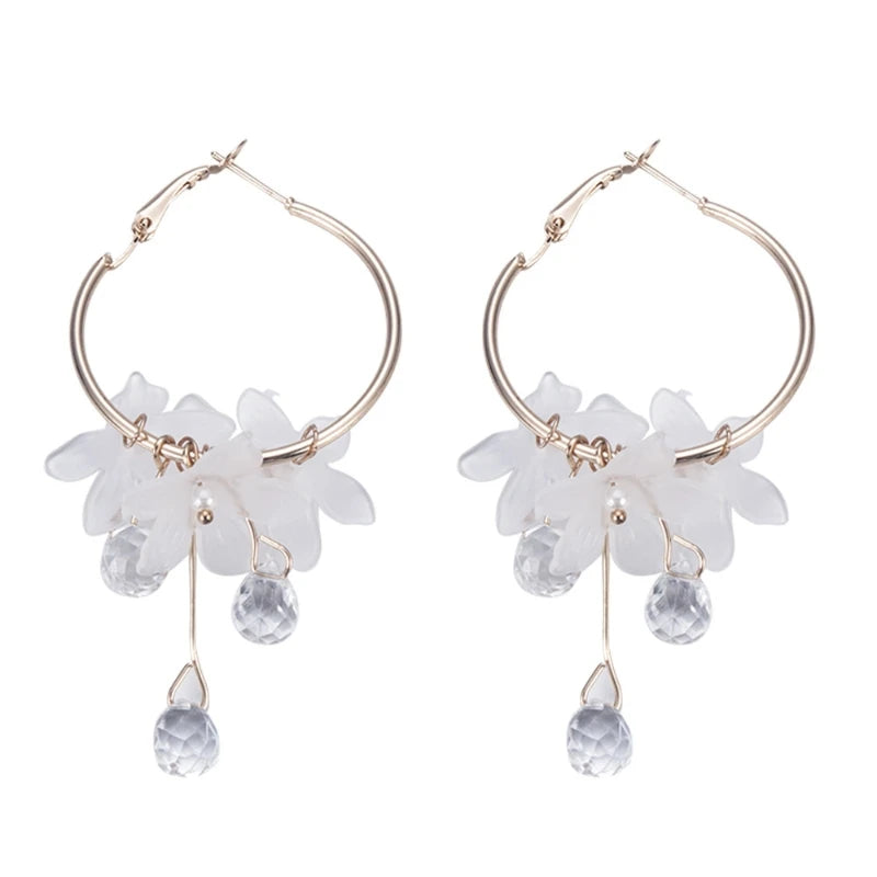 Korean Crystal Flower Drop Earrings - Elegant Tassel Earrings for Women