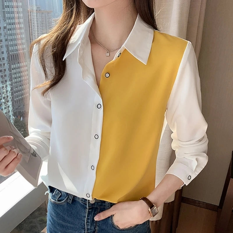 Office Lady Button Blouse - Turn-Down Collar Shirt