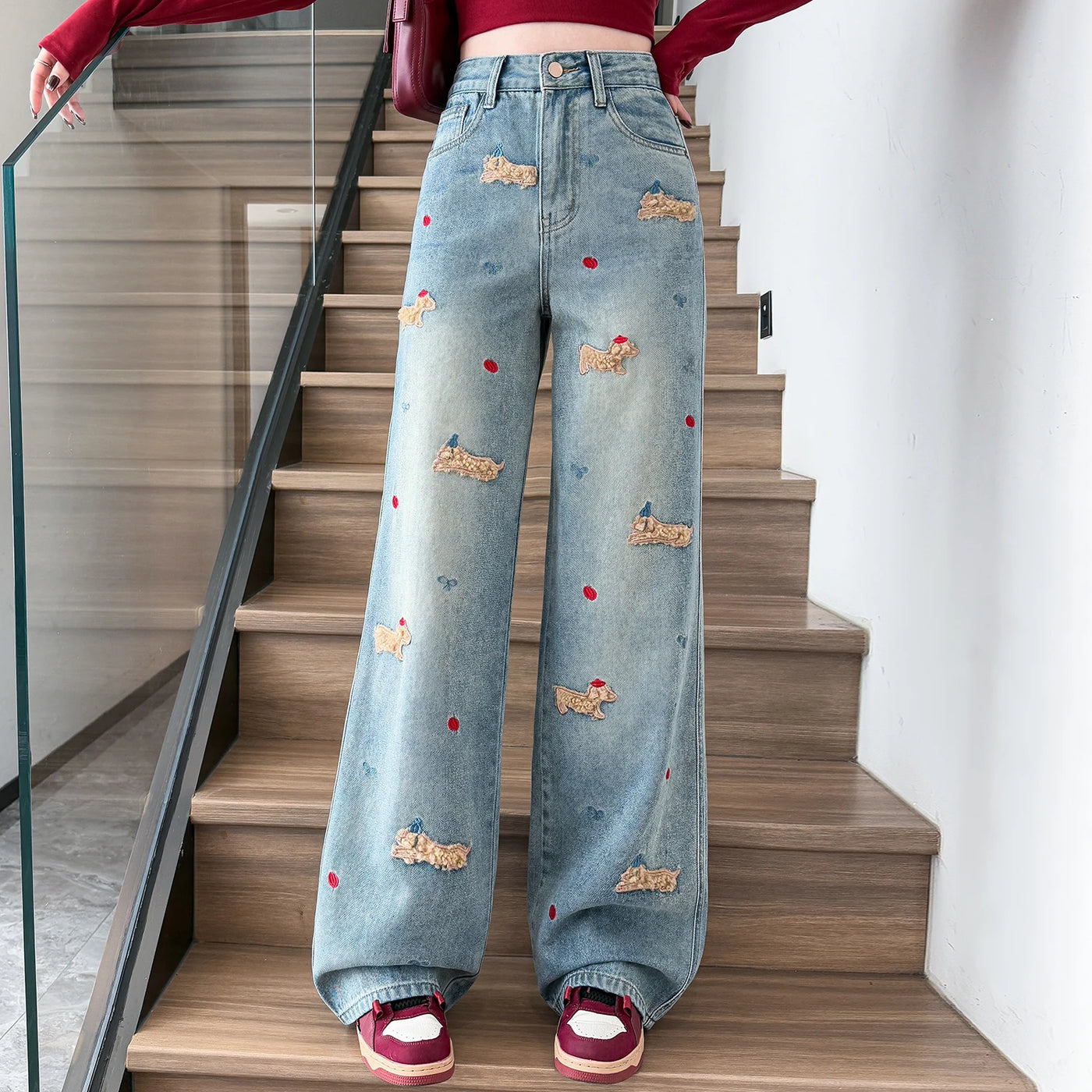 Women's Embroidered Denim Jeans - Korean Style Loose Fit