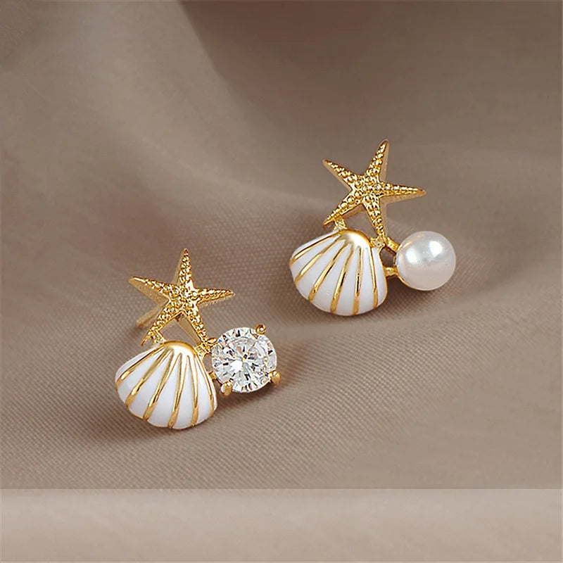 Starfish Pearl Stud Earrings - Asymmetric Shell Design