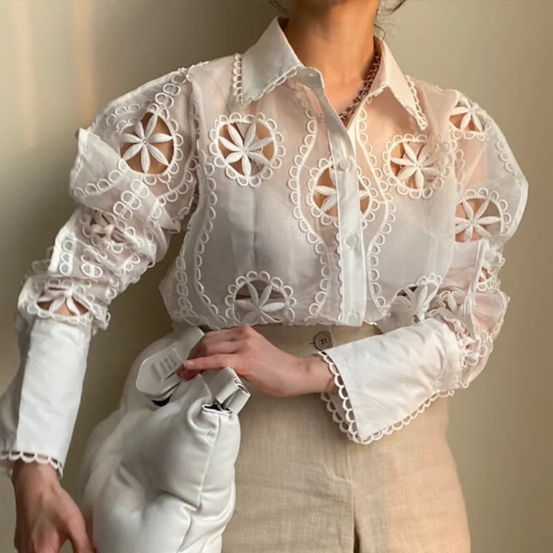 Spring Long Sleeve White Blouse - Floral Embroidery Shirt