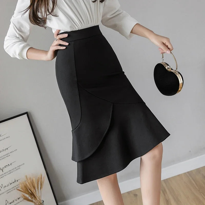 Women's High Waist Bodycon Skirt - Elegant Mid-Calf Length Office Wear