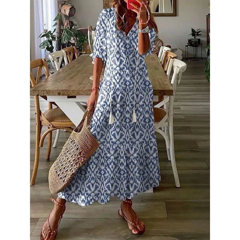 Women's Bohemian Floral Maxi Dress - V-Neck Half Sleeve Beach Dress