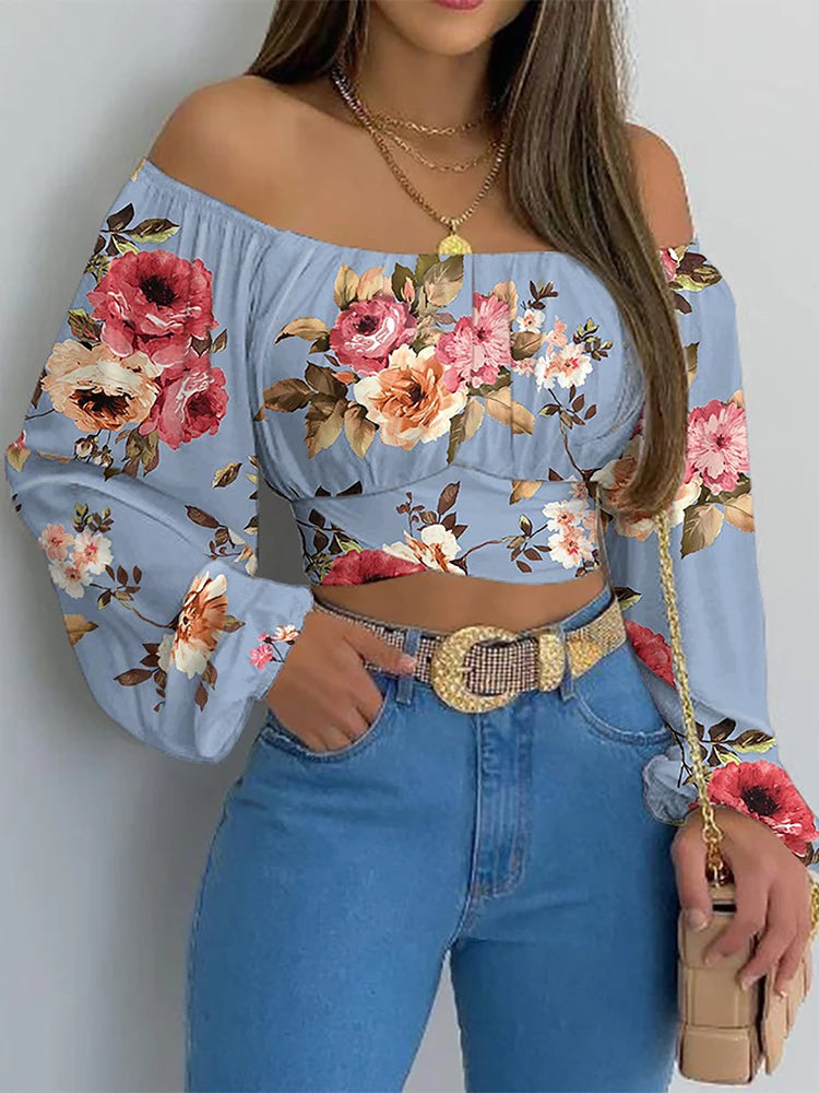 Off-Shoulder Blouse - Lantern Sleeve Lace-Up Crop Top