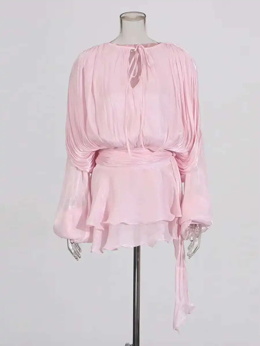 Women's V-Neck Mini Dress with Long Sleeves - A-Line Blouse Dress