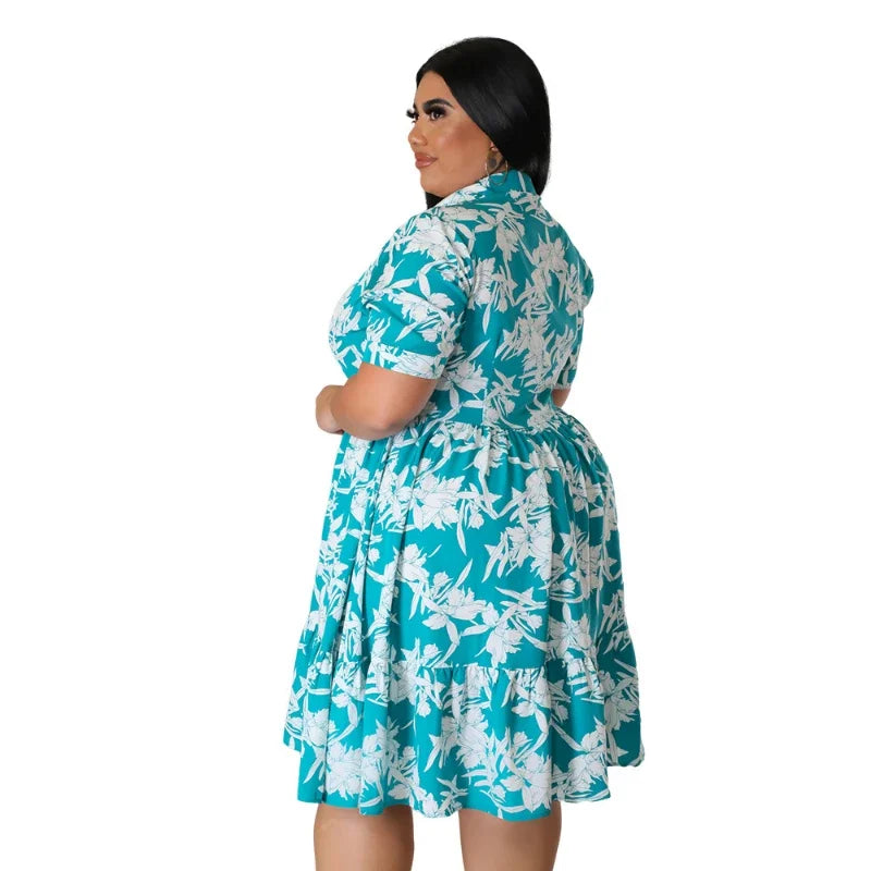 Women's Plus Size Floral Print Midi Dress - A-Line Short Sleeve Casual Party Dress