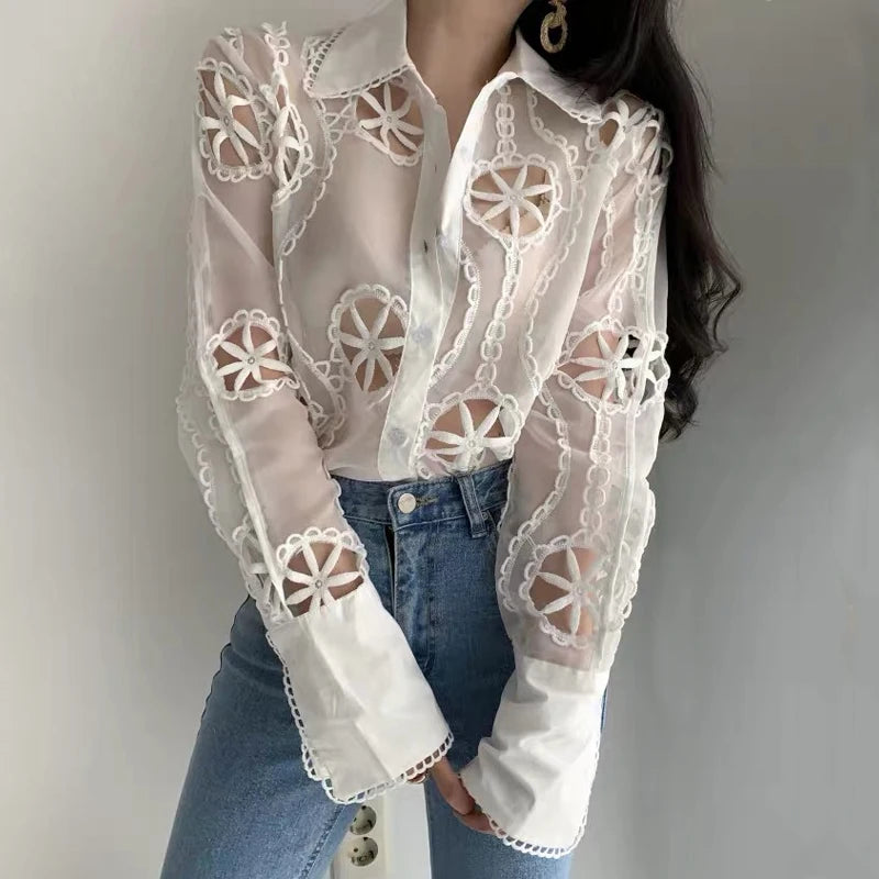 Spring Long Sleeve White Blouse - Floral Embroidery Shirt