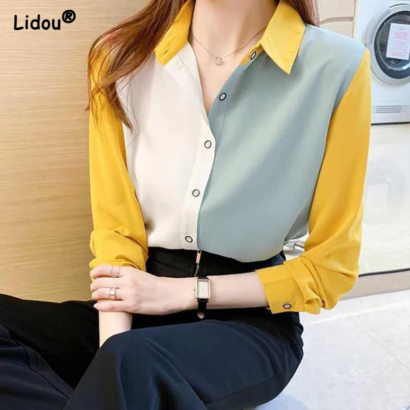 Office Lady Button Blouse - Turn-Down Collar Shirt