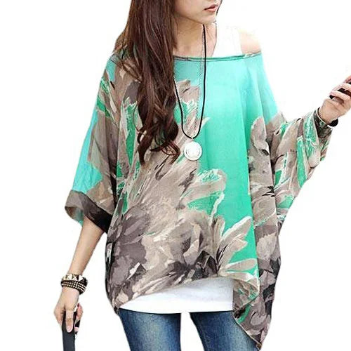 Women's Bohemian Chiffon Blouse - Plus Size Batwing Sleeve Summer Top