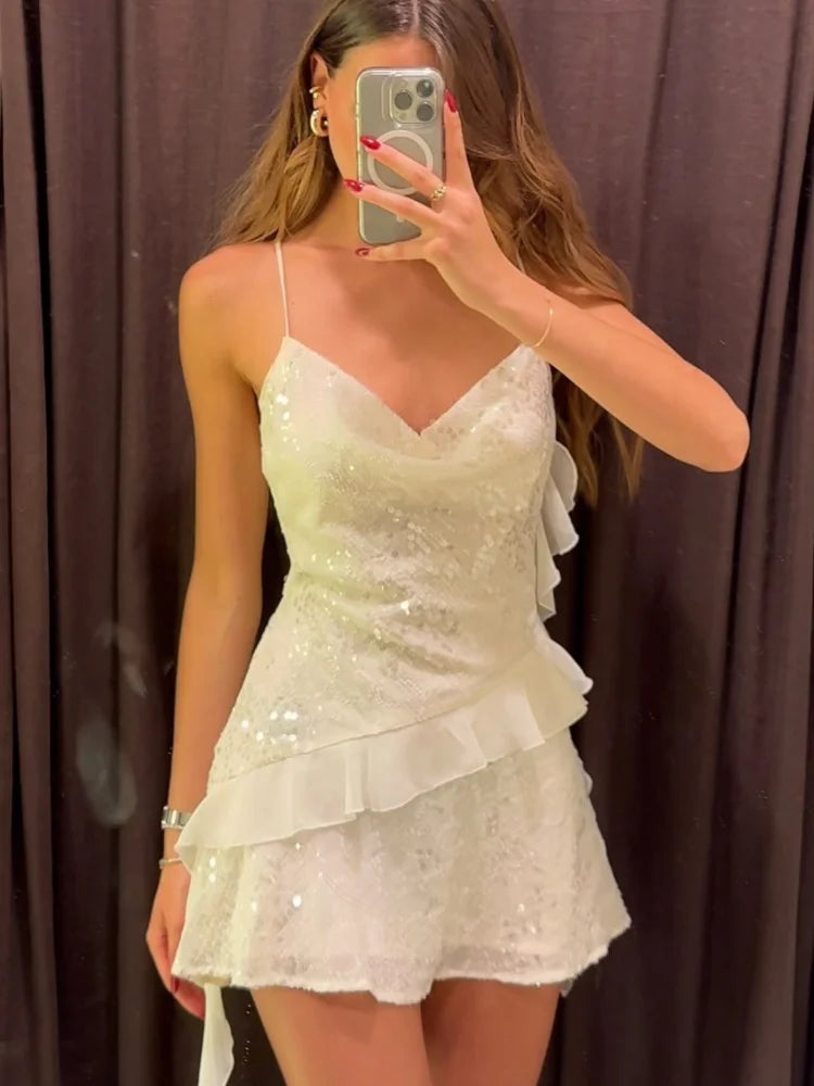 Women's Elegant White Sequin Halter Dress