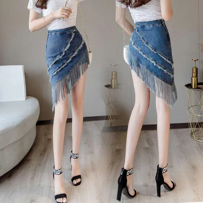 Women's High Waist Denim Skirt with Fringe Detail