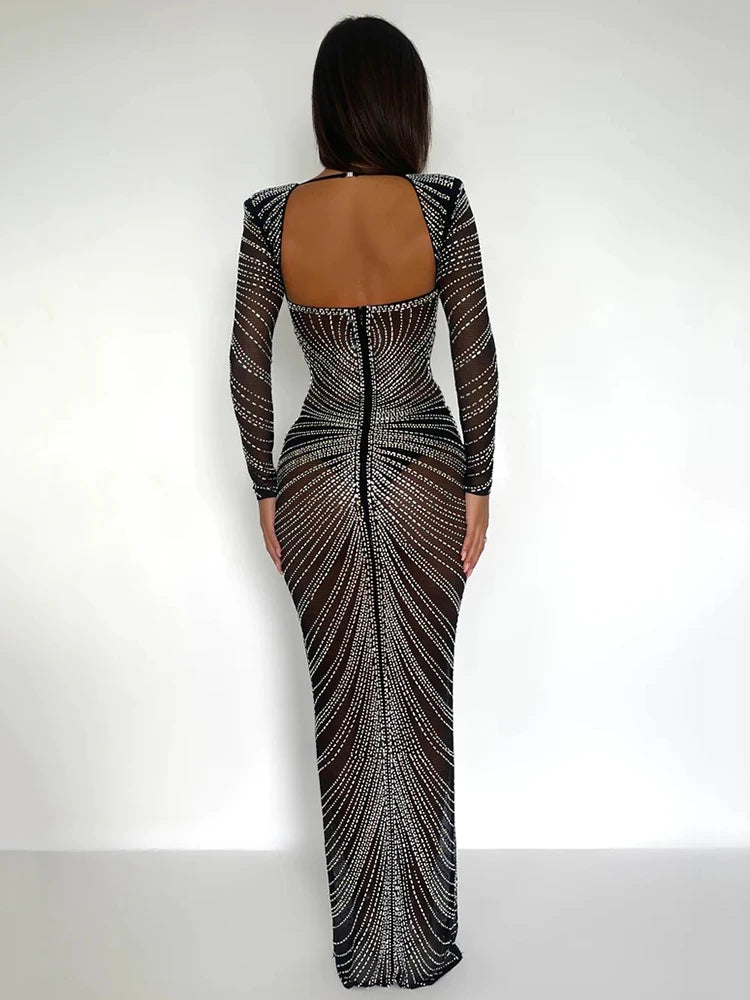 Mozision Glitter Mesh Evening Dress - Women's Full Sleeve Bodycon Maxi Dress