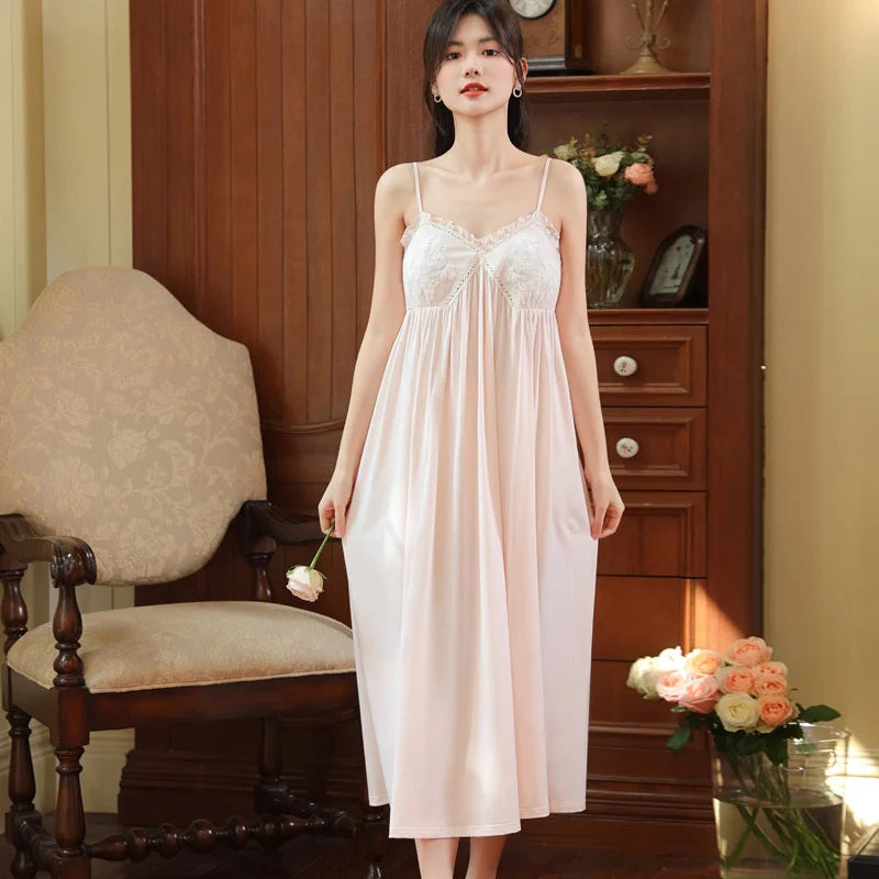 Cotton Lace Nightgown - Elegant Sleeveless Sleep Dress