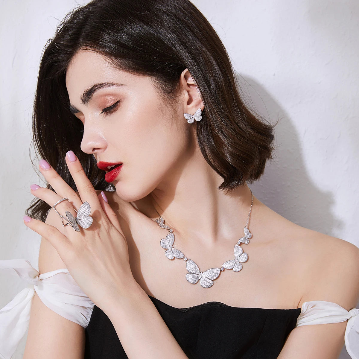 Butterfly Wedding Ring - Rhodium Plated with Cubic Zirconia