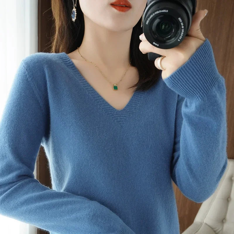Casual V-Neck Sweater - Women's Solid Color Pullover
