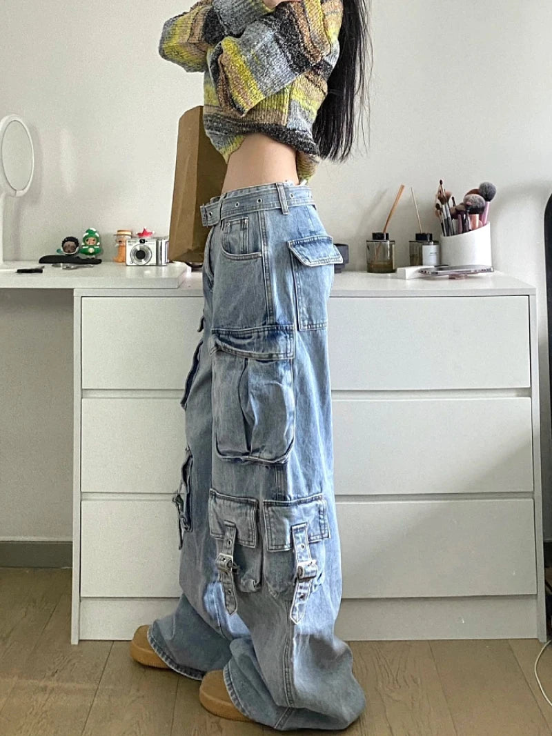 Women's High-Waisted Cargo Jeans - Wide Leg Denim Pants