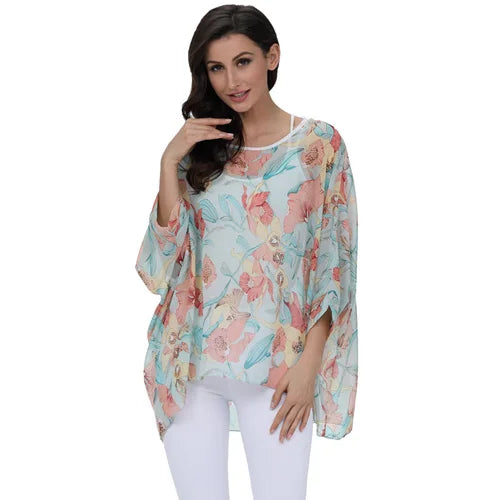 Women's Bohemian Chiffon Blouse - Plus Size Batwing Sleeve Summer Top